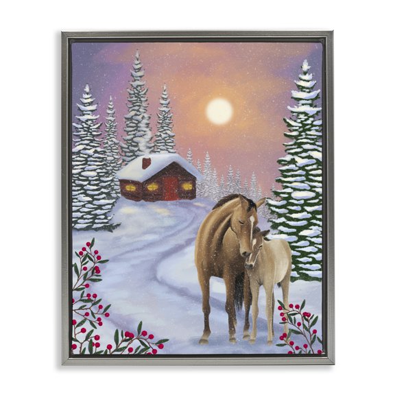 Stupell Industries Farmhouse Holiday Horses Winter Scene Gray Floating Frame Canvas Art, 17 x 21, by Lemon & Sugar