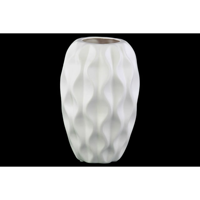 Embossed Wavy Patterned Round Ceramic Vase With Tapered Bottom, Matte White