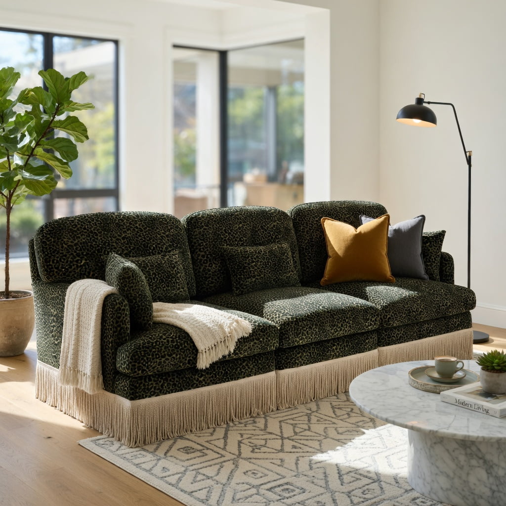 Hommoo 100" Modern Leopard Print Chenille 3-Seat Modular Sectional Sofa, Deep Seat Design with Tassel Trim, Ergonomic Support & Easy Tool-Free Assembly, Green Black