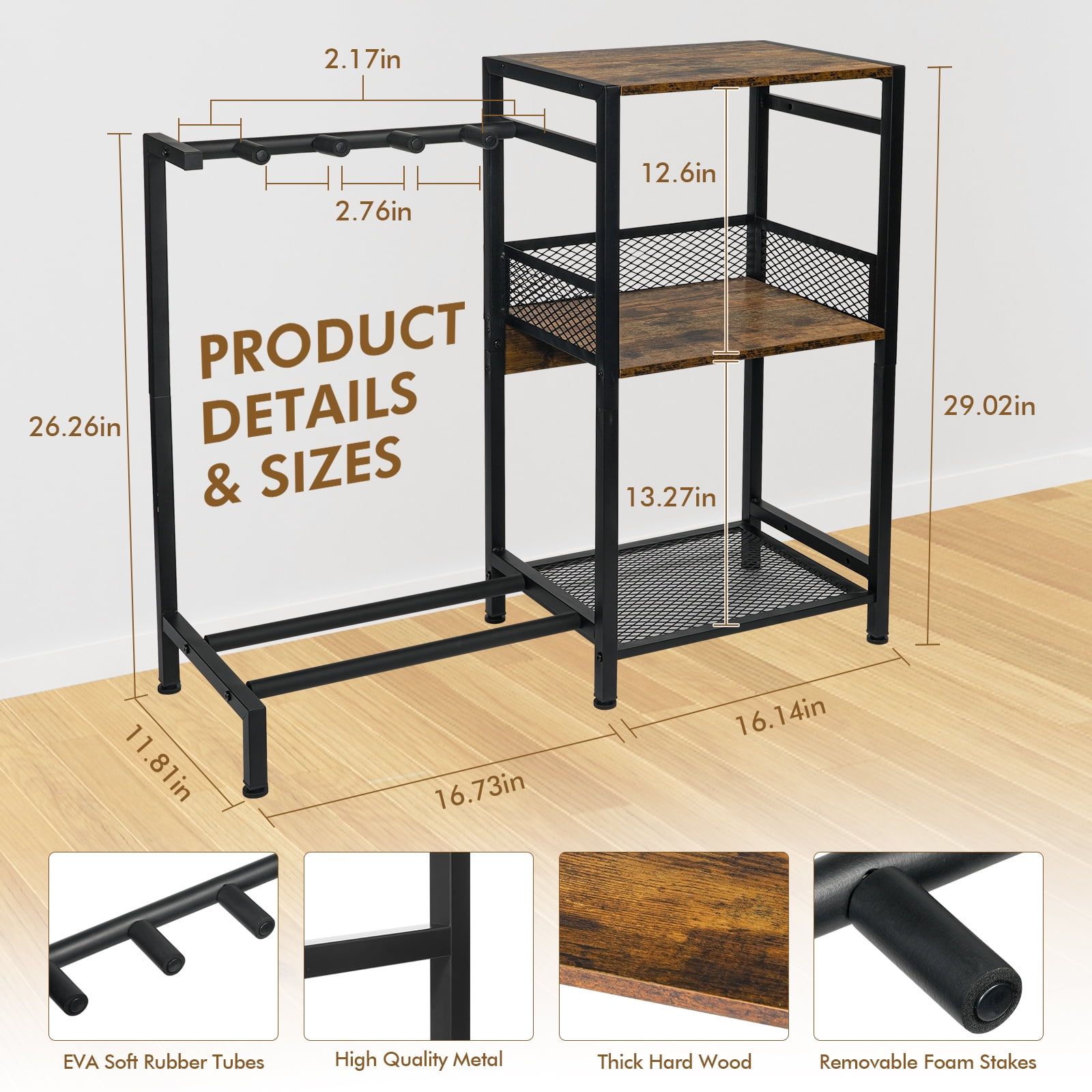 Guitar Stand for Multiple Acoustic Bass Electric Guitars Cases with Vinyl Record Storage Cabinet and 3-Tier Shelf