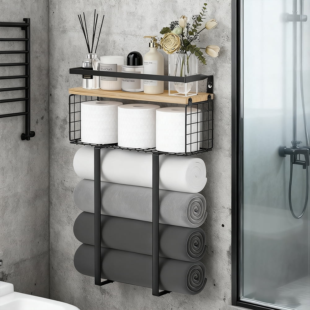 Yucurem Towel Racks for Bathroom, Metal Towel Storage Holder for Roll Towels, Wall Mounted Towel Organizer with Storage Basket and Wooden Shelf for Small Spaces