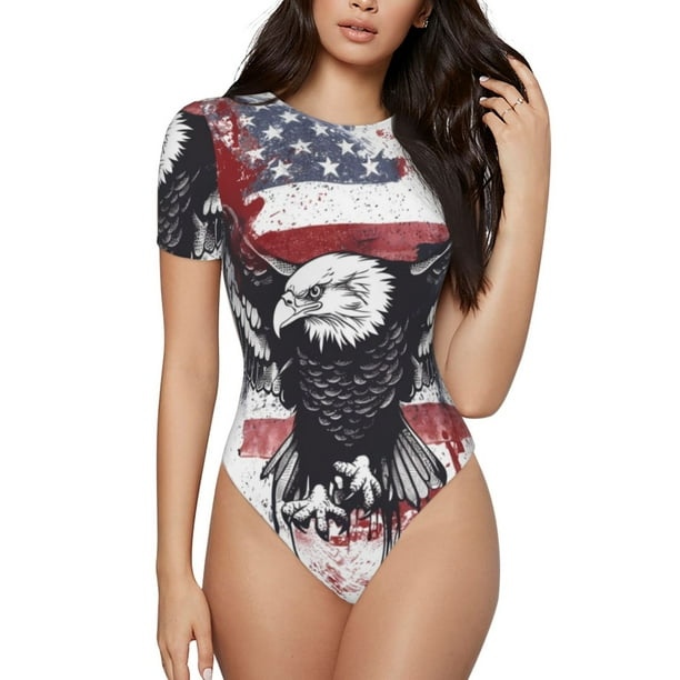 Balery American Flag Eagle Art Body de cuello redondo de manga corta para mujer Tops de manga corta Tops básicos-Small