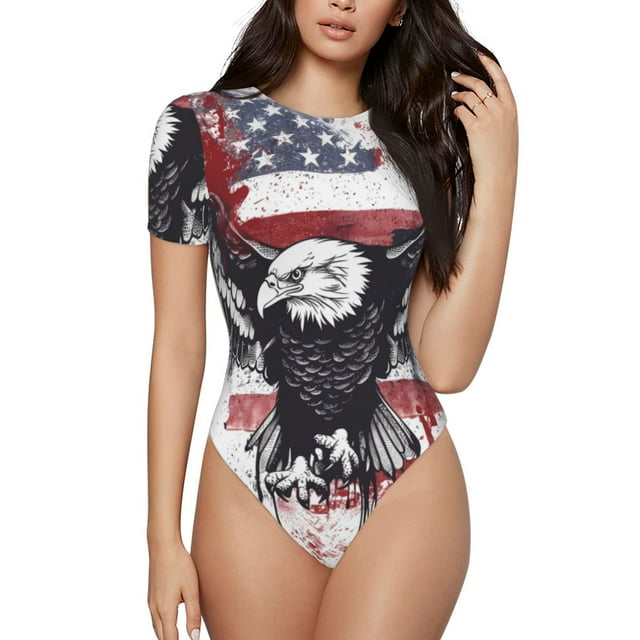 Lsque Drapeau Américain Aigle Art Justaucorps à Manches Courtes Col Rond pour Femmes T-Shirts Basiques Hauts Grenouillère Adulte Pyjama Mignon-TTG