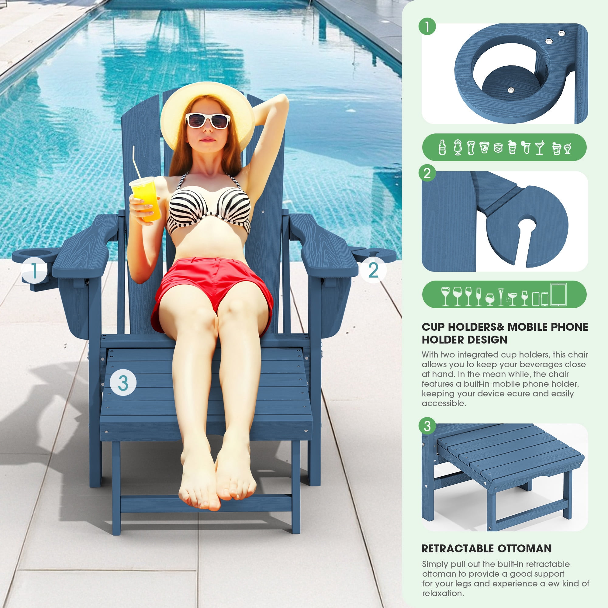 SERWALL Adjustable Folding Adirondack Chair with Footrest & Dual Cup Holders, HDPE Foldable Multifunctional Adirondack Chair with Ottoman for Patio, Outdoor, Garden, Blue