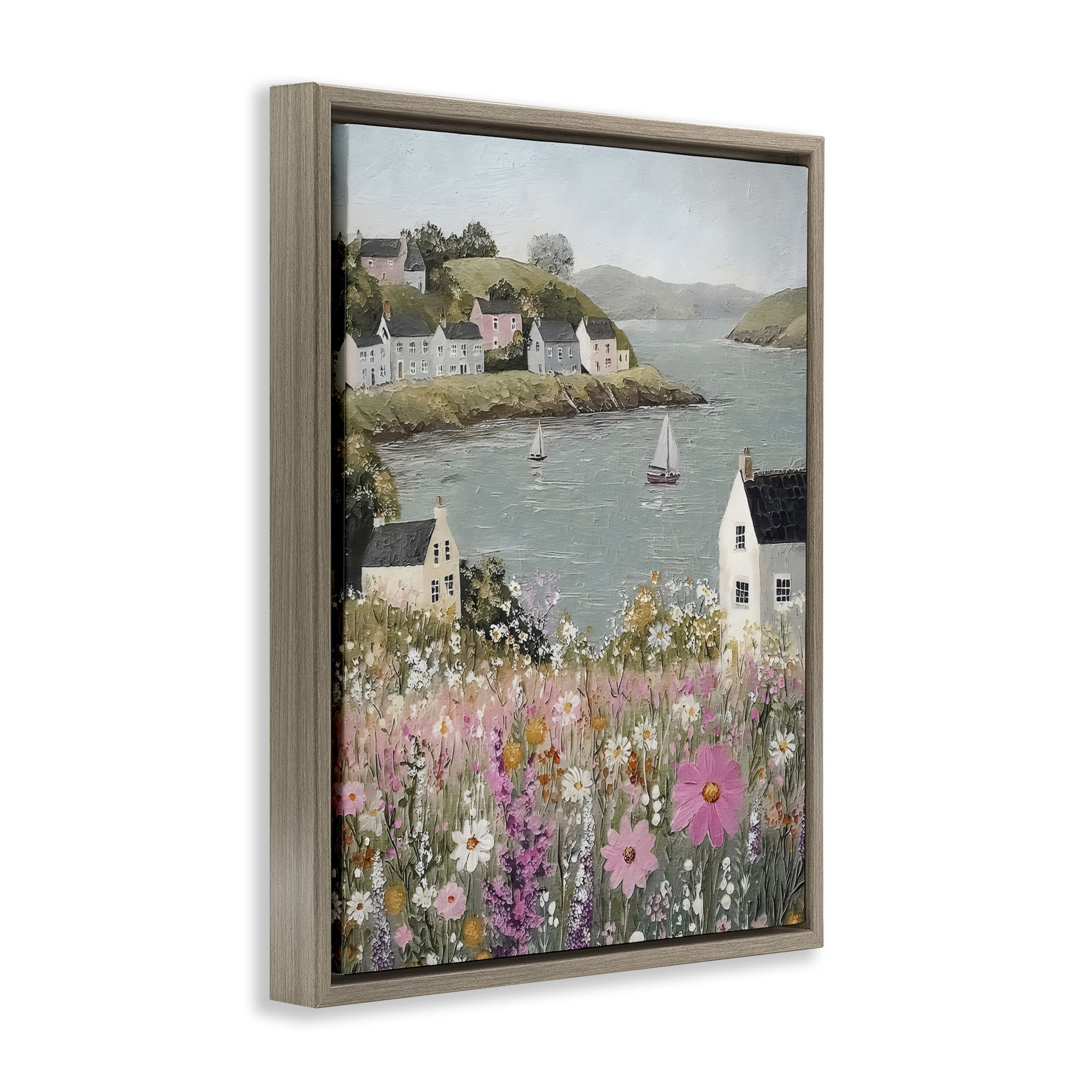 Stupell Industries Seaside Cottages & Sailboats Brown Framed Floater Canvas Wall Art, design by Riley B