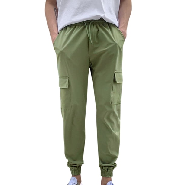 Puntoco Pantalones casuales largos para hombre Pantalones casuales de moda para hombre de color sólido con múltiples bolsillos cargo y cuerda elástica