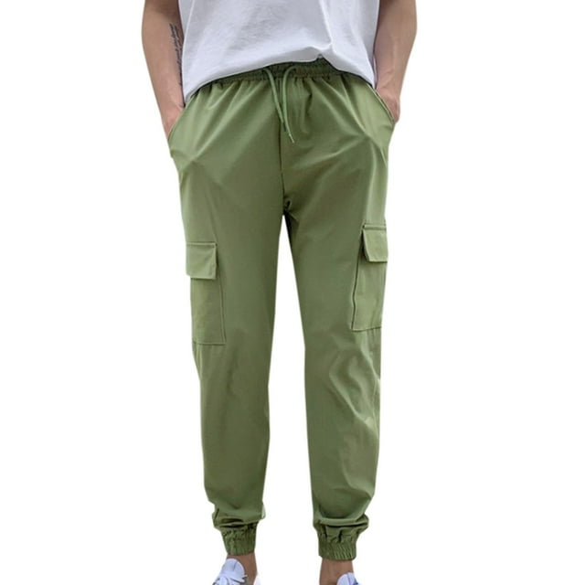 Dagugfen Mens Cargo Pants Drawstring High Waist Baggy Solid Color Lightweight Jogger Sports Trousers Pockets