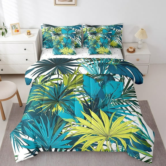Erosebridal Botanical Plants Bedding Twin Size, Palm Tree Leaf Comforter Sets with Sheets, Tropical Theme Duvet Set, Lightweight Room Decorative, Reversible 7-Piece