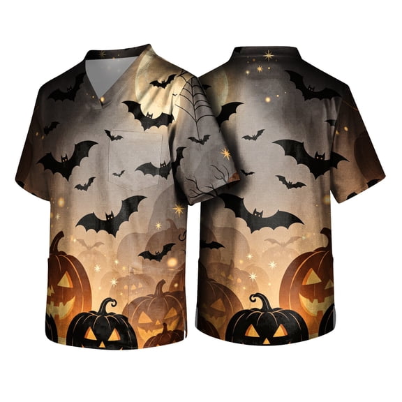 Domuza Halloween Scrub Shirt for Men Pumpkins Skull Print Casual Short Sleeve V Neck Tshirts Fashion Comfortable Funny Medical Blouses with 3 Pocket Red 3XL
