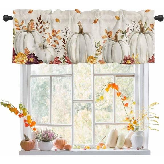 Fall Valances Curtain White Pumpkin Thanksgiving Kitchen Curtains Harvest Pumpkin Maple Leaf Window Valance Topper Curtain Window Treatment for Living Room Bedroom, 1 Panel 54x18 Inch