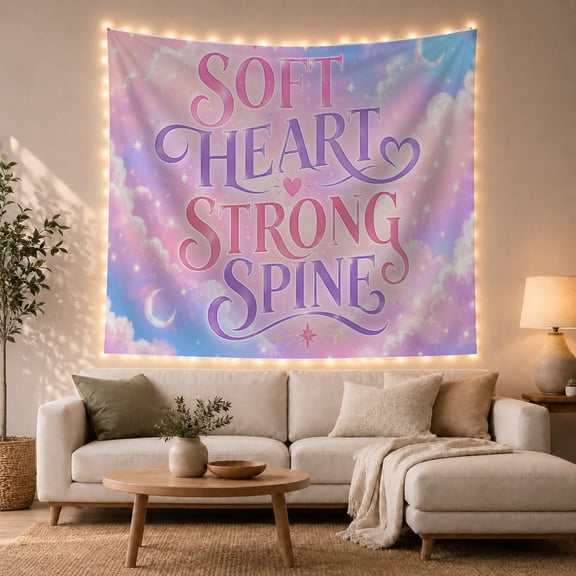 SOFT HEART STRONG SPINE Quote on Pink and Purple Clouds with Stars, Dreamy Celestial for Teen Girls, Motivational Wall Art, Graduation Gift Tapestry Wall Hanging for Dorm and Bedroom