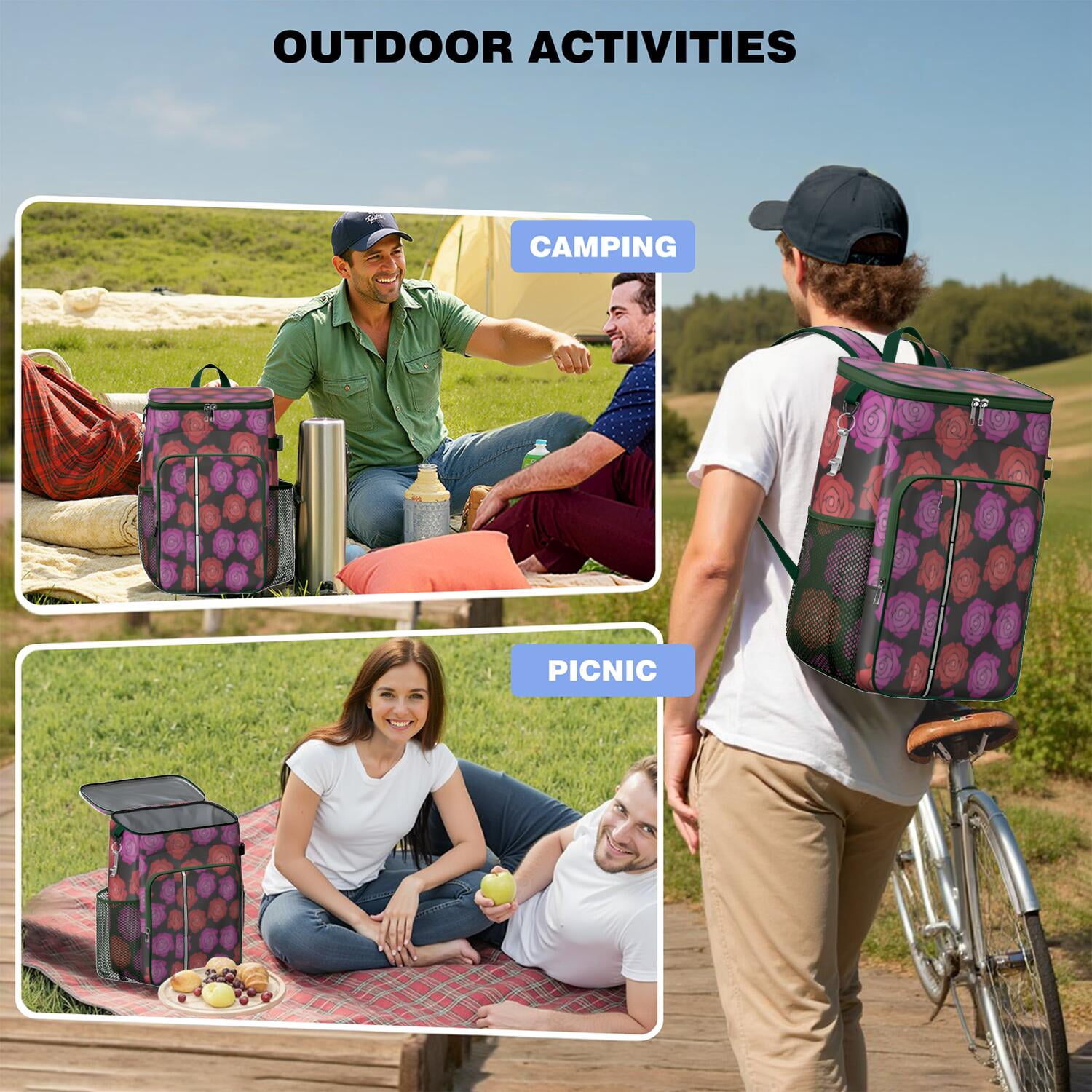 Travel Cooler Bag - Pioneer Flower Floral Print Pattern Camping Beer Cooler Backpack with Bottle Opener- Waterproof Insulated Picnic Backpacks - Cooler Bag for Beach