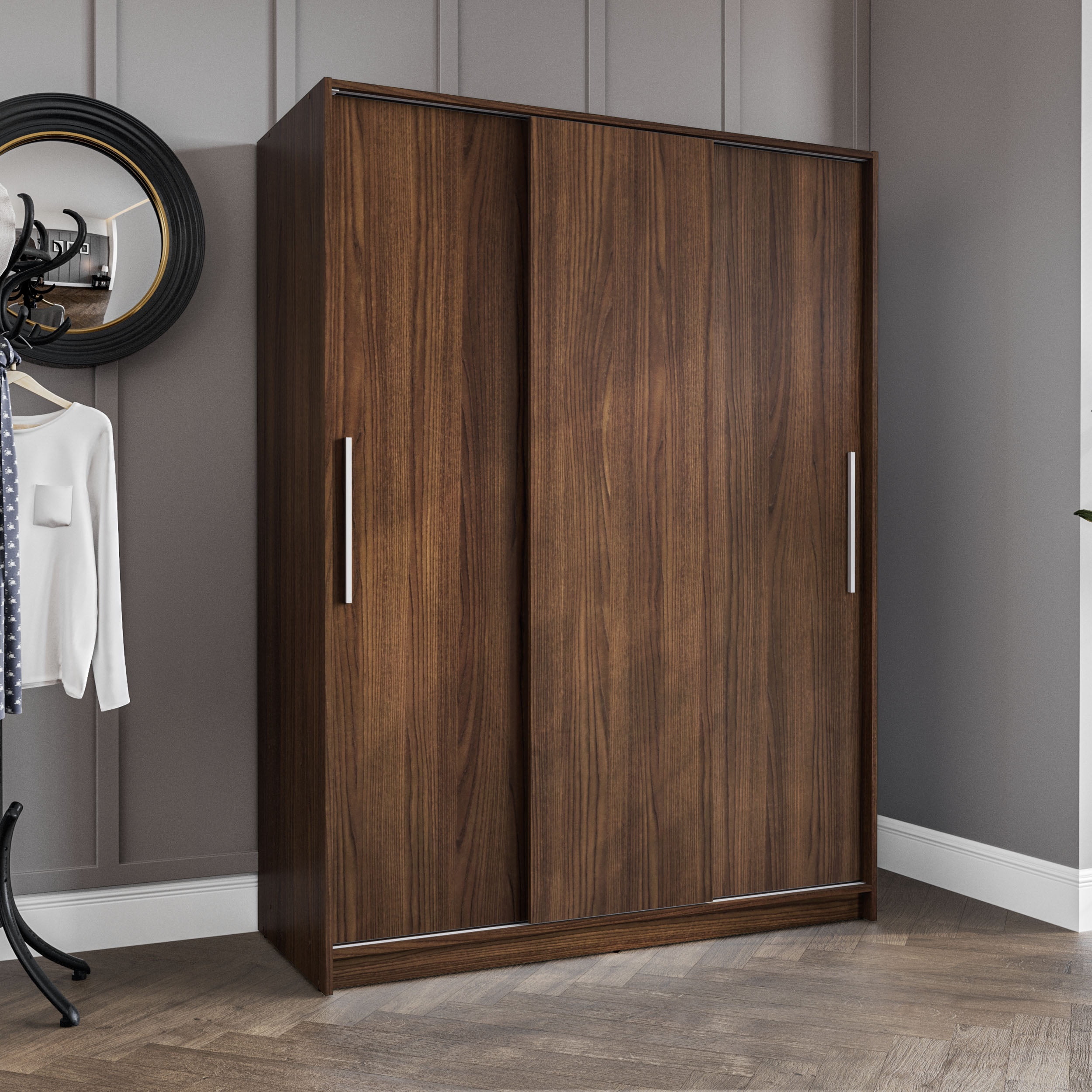Polifurniture Denmark 71 in. Modern Bedroom Armoire with 3 Sliding Doors, 2 Drawers, Shelves & Hanging Rod, Walnut