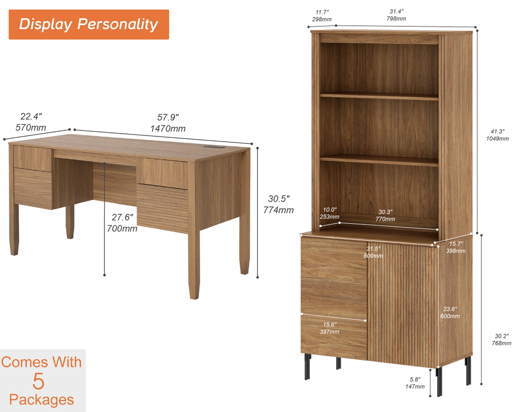 WAMPAT 3 Piece Living Room Furniture Set, 58 Inch Console Table with 2 71.5 Inch Tall Bookcases, Double Door Storage Cabinets, Adjustable Shelves, Modern Fluted Bookcase Set for Living Room