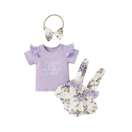 

Pudcoco Girl Sets Letter Short Sleeve Round Tops Floral Shorts Headwear