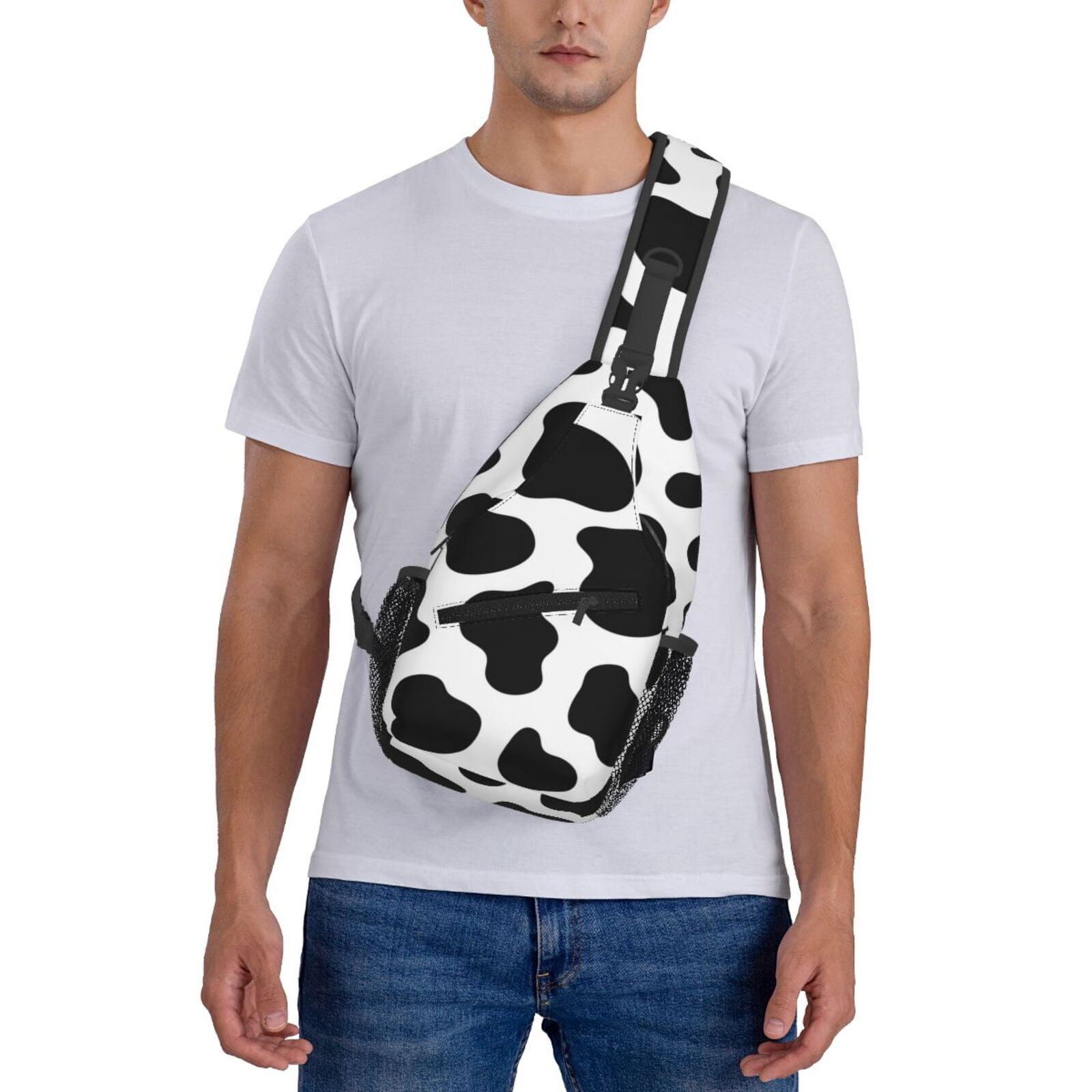 Black And White Cow Skin Print Sling Backpack Shoulder Chest Crossbody Bag Causal Travel Hiking Daypack