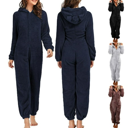 

Jumpsuit Pajamas Women Super Warm Thick Fleece Ladies Hooded Jumpsuit with Zipper One-Piece Pajamas for Sleepwear Loungewear Pajamas Party Cute Bear Ear Shape Hood 4 Solid Colors Available