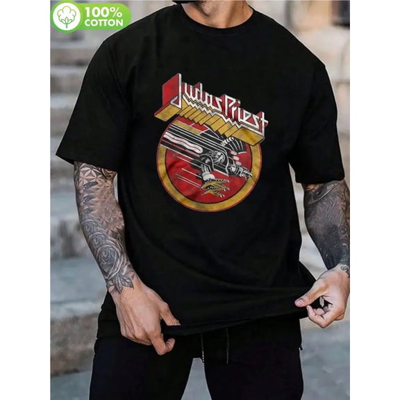 Men's Vintage Judas Priest Tour Logo Graphic T-Shirt - 100% Cotton Regular Fit Black Band Tee with Red & Yellow Winged Design