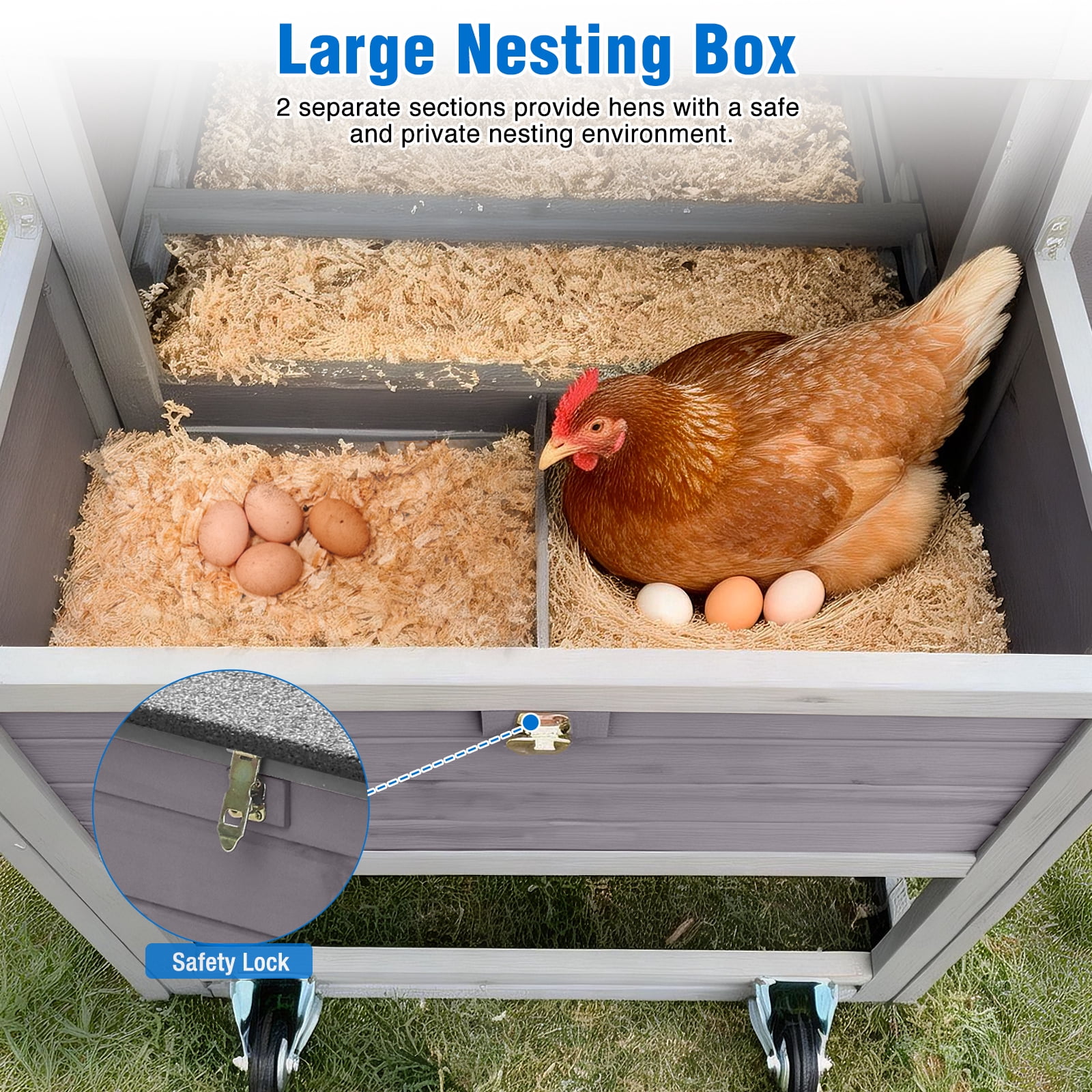 Suumerpety Chicken Coop with Wheels & Metal Run for 4-6 Chickens, Chicken House with Leak-Proof Tray, UV-Resistant Roof & Nesting Box for Outdoor Backyard, Gray