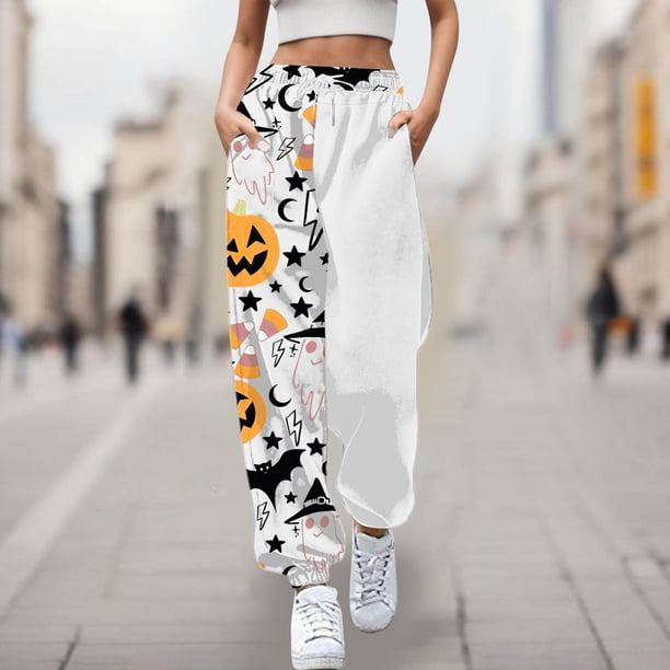 WILLBEST Pantalones Deportivos Casuales para Mujer, Cómodos, con Estampado de Halloween, Cintura Elástica Suave, Diseño de Dibujos Animados, Pantalones Holgados para Uso Diario Grande