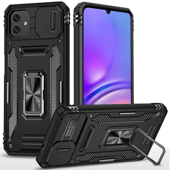 Designed for Samsung Galaxy A05 Hybrid Case with Rotation Ring Stand Shockproof & Movable Camera Window PC & TPU Armor Dropproof Phone Case Cover [Black]