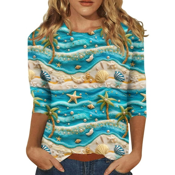 2024 Hawaiian Women's 3/4 Sleeve Round Neck Tropical Floral Print Beach T-Shirt Slim Tops Casual Hawaiian Floral Tropical Graphic Shirts