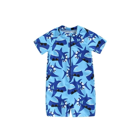 

Toddler Baby Boy One Piece Swimsuit Shark Dinosaur Print Short Sleeve Zip Up Rashguard Bathing Suit