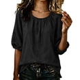thumbnail image 2 of Qulqfy Crew Neck Womens Blouse Casual Short Sleeve Solid Cotton Linen Elastic Hem Black Spring Boho Summer Tops for Women 2026 L, 2 of 5