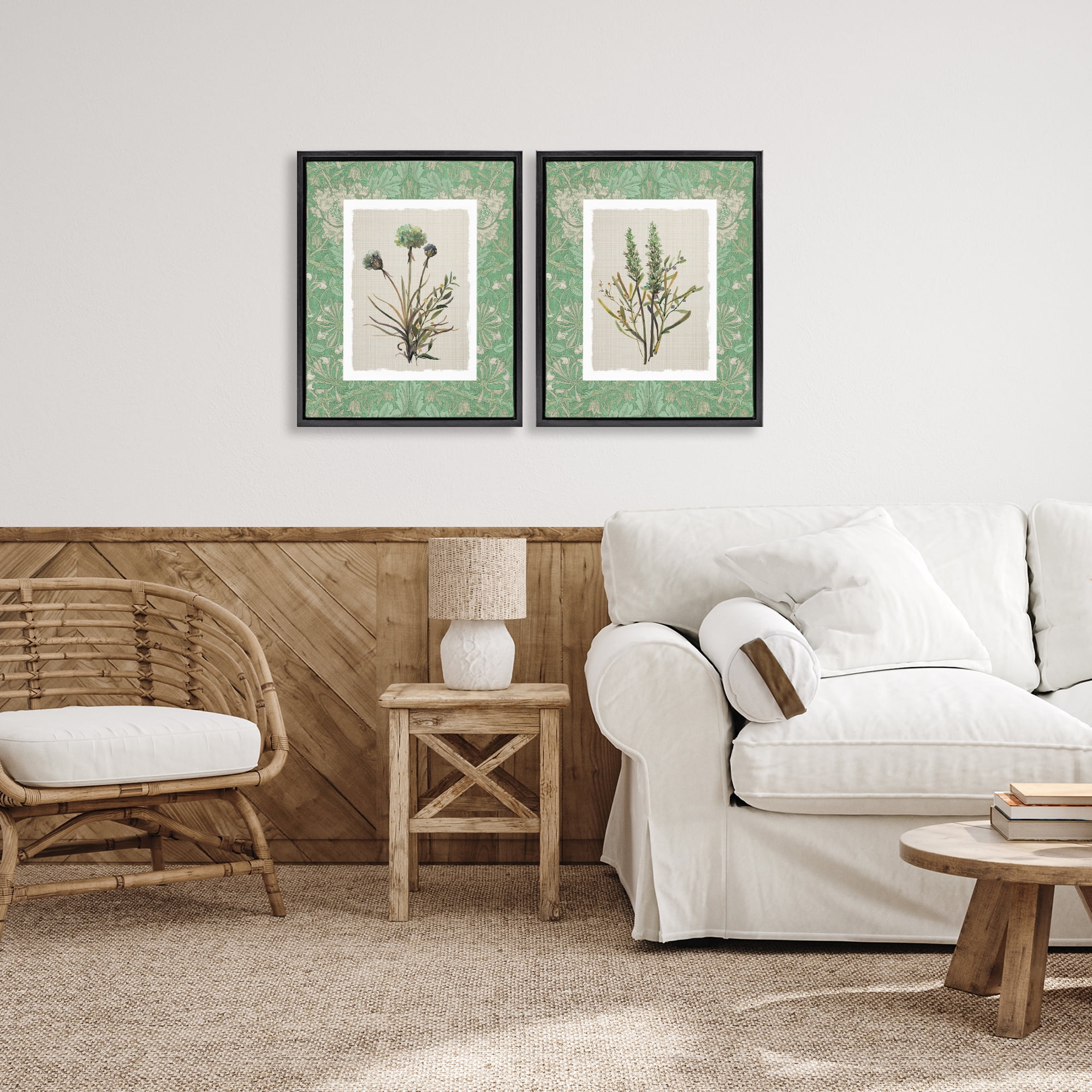 Stupell Industries Green Tone Herbal Blooms 2 Piece Black Framed Floater Canvas Set, design by Carol Robinson