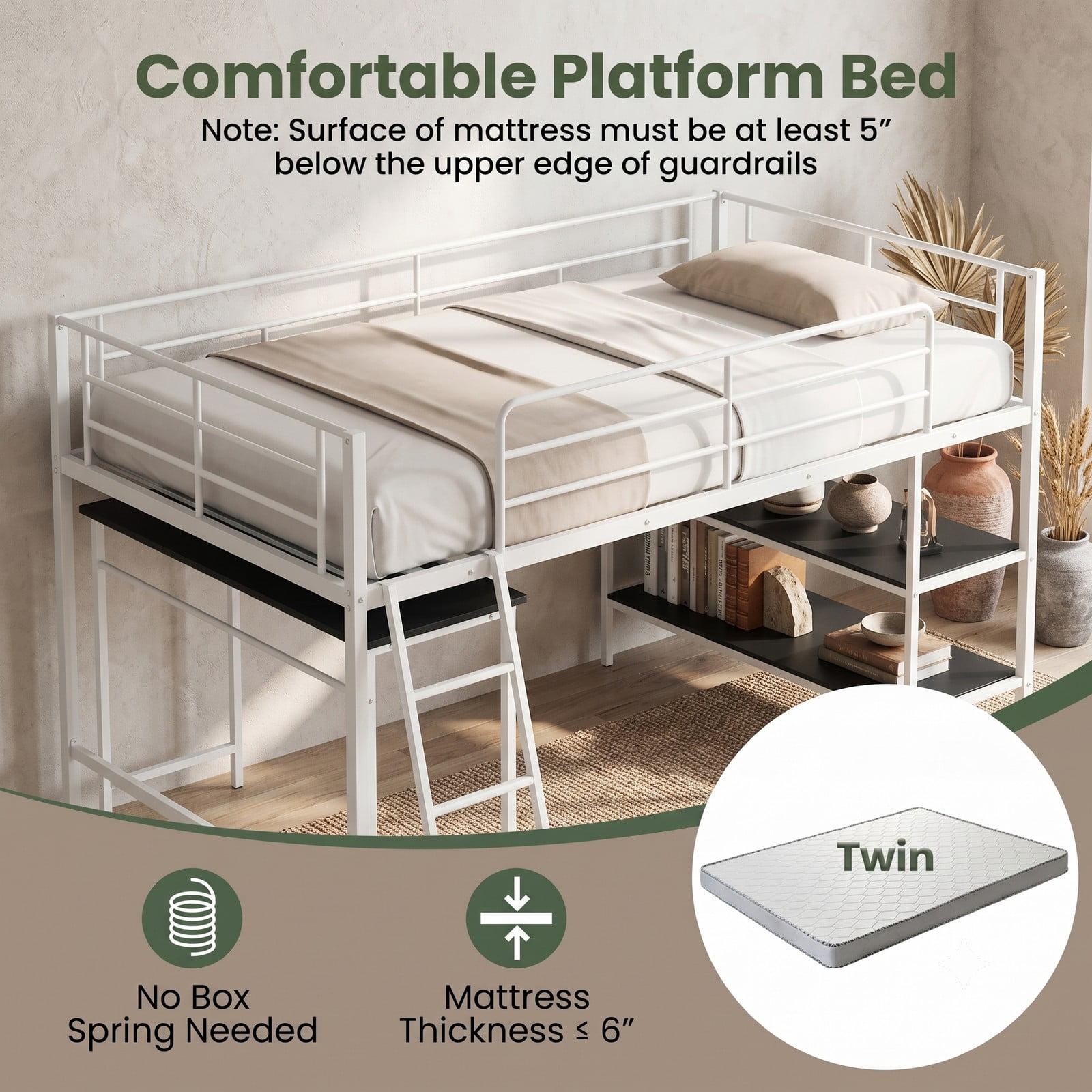 Furnibear Twin Size Loft Bed with Rolling Desk and Bookshelf for Home Office Bedroom, Space-Saving Metal Loft Bed Frame with Ladder, White