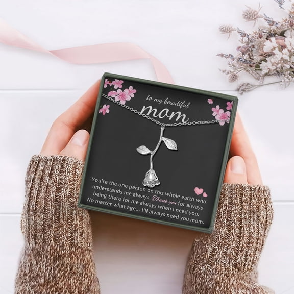 Anavia "To my beautiful Mom" Mother's Day Rose Necklace With Gift Card, Birthday gift for Mom from daughter [Silver]