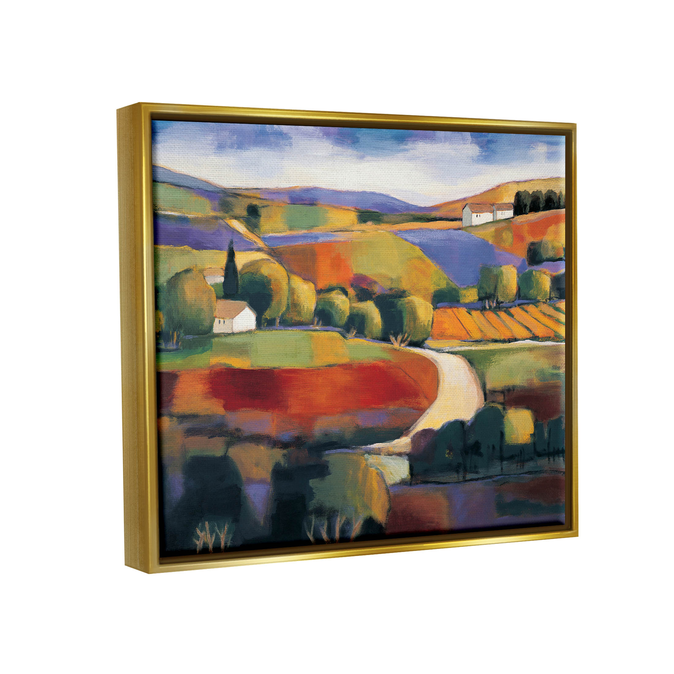 Modern Countryside Farm Town Landscape Painting Metallic Gold Framed Art Print Wall Art