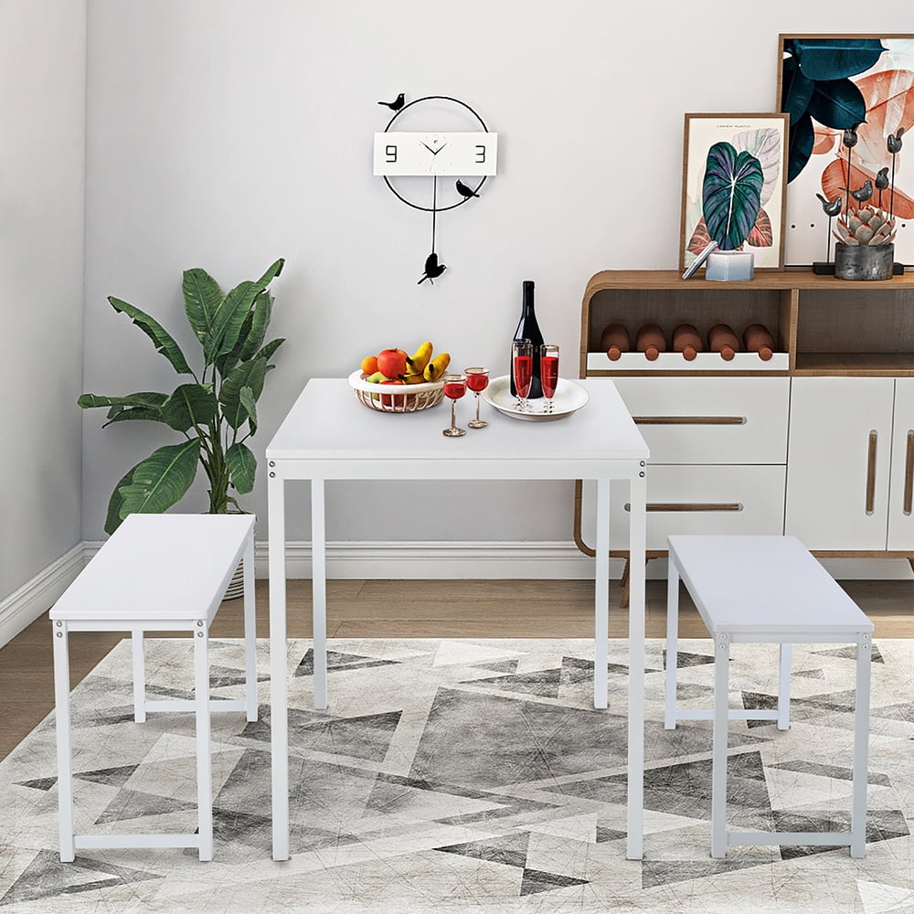 Kepooman 3-Piece Dining Table Set with Two Benches, White