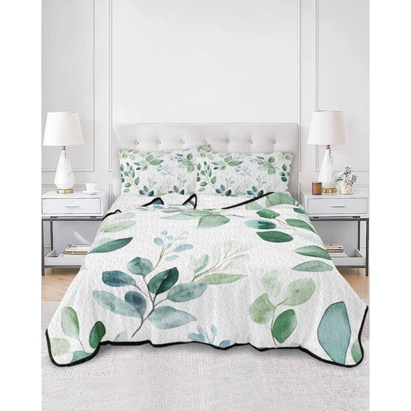 Quilts Twin Size, Eucalyptus Leaves Soft Comforter Bedding Set for Bed, Spring Botanical Pastoral Green Lightweight Quilted Bedspread with Pillow Cover(2 Pieces) for All Season, 68x86 Inch