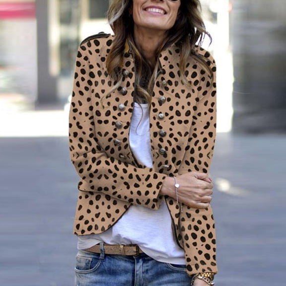 IROINNID Women's Casual Short Jacket Stand Collar Print Open Front Long Sleeve Outwear, Brown