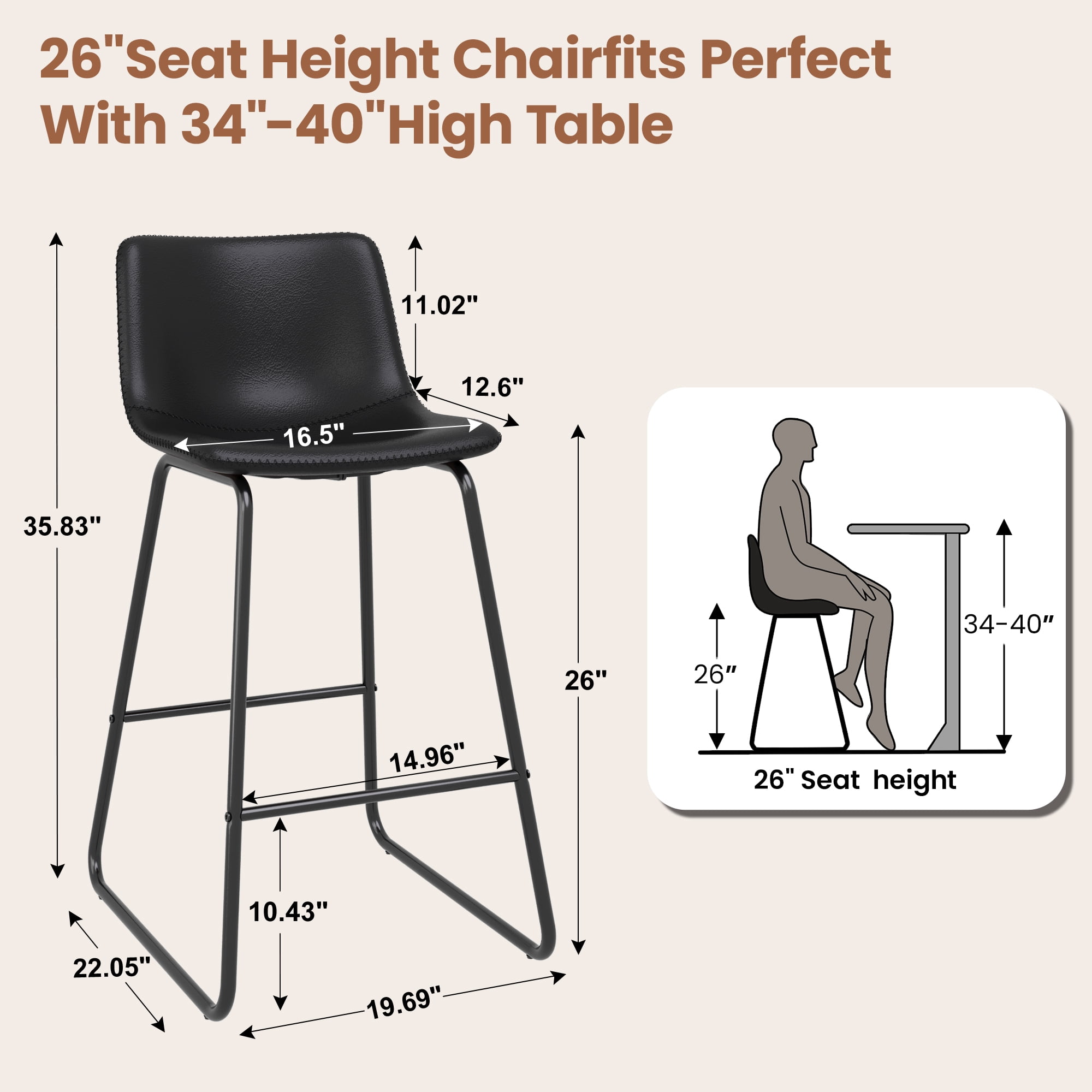 Aufeile 26" Counter Height Bar Stools Set of 2 – Modern Faux Leather Barstools with Back & Metal Legs, Kitchen Bar Chairs for Island, Dining Room, Black