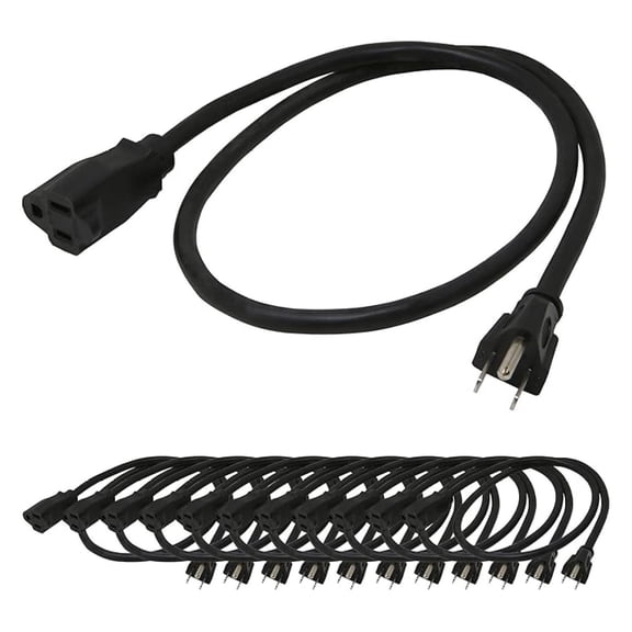 3ft Power Extension Cord, 12-Pack, 16AWG SJTW Short Extension Cord, 13A 125V 1625W, 3 Prong Power Cord, NEMA 5-15P to NEMA 5-15R, Black, UL Listed
