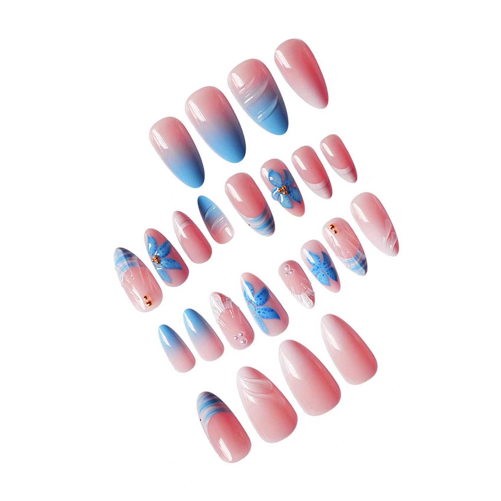 Cross-border hot-selling almond-shaped fake nails, sweet and cool blue, pure desire pearl shell, three-dimensional corrugated design, wearing armor