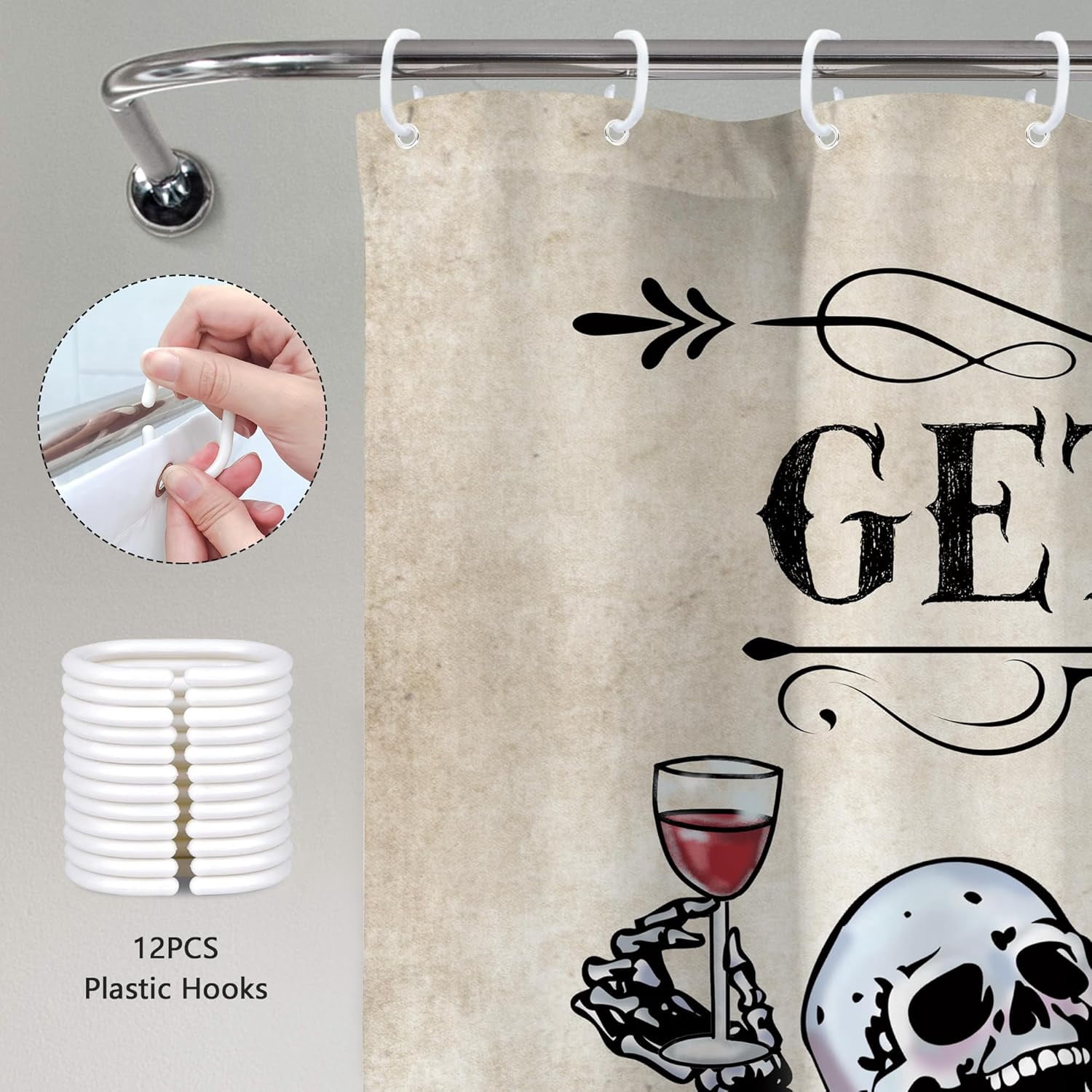 Funny Skull Skeleton Shower Curtain 72"W x 72"LGothic Spooky Bone in Bathtub Halloween Vintage Cat Fish Bubbles Horror Scary Bathroom Decor Unique Cool Bath Curtain Fabric Polyester 12 Pack Hooks
