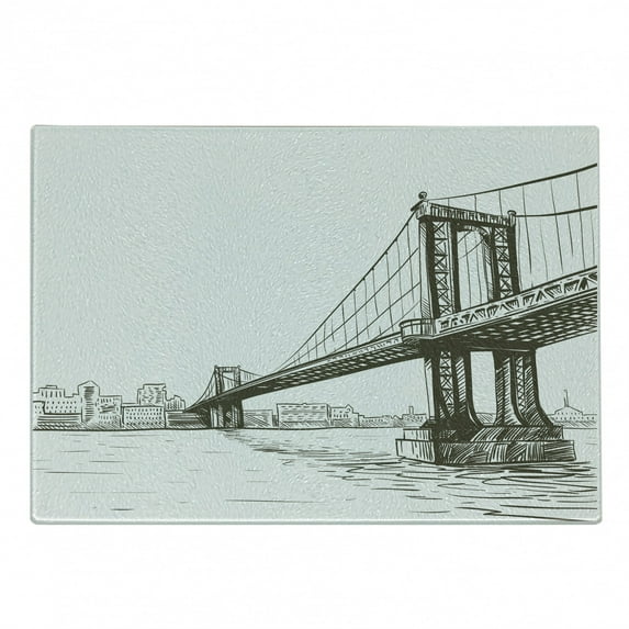 New York Cutting Board, Digital Drawn Brooklyn Bridge Unusual Graffiti Style Old Urban Cityscape Print, Decorative Tempered Glass Cutting and Serving Board, Small Size, Brown White, by Ambesonne