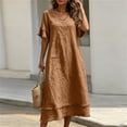 thumbnail image 6 of Vivianyo HD Women's V-Neck Fringe Trim Maxi Dress, Short Ruffle Fringe Sleeve Solid Linen Blend Loose Casual Summer Dresses for Women Vacation, Women's Khaki, Sizes S-2XL, 6 of 7