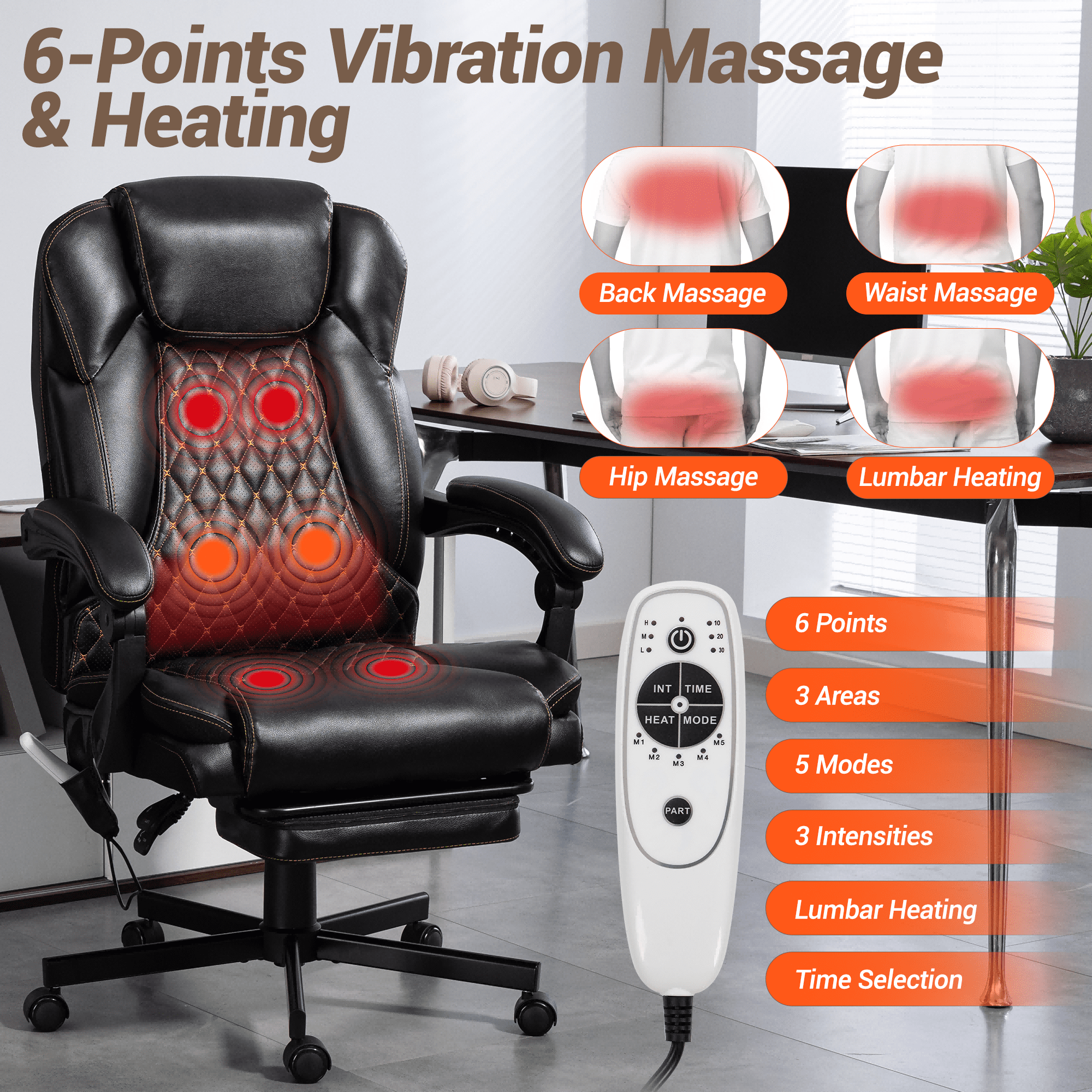WENTUM Massage Office Chair with Foot Rest, 6 Points Vibration Heating Executive Chairs Ergonomic Home Office Desk Chair, Black