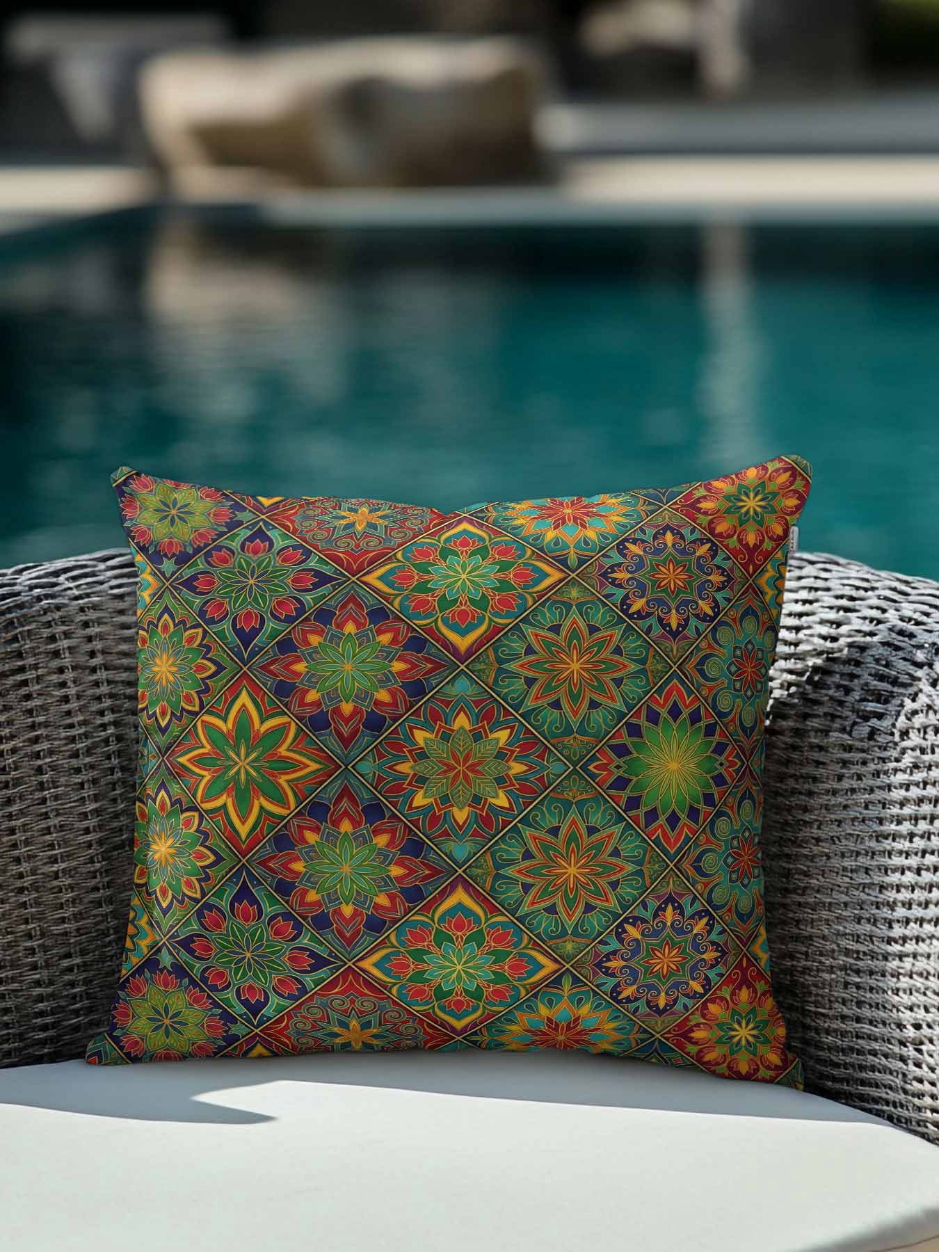 1 Pack Outdoor Throw Pillow, Retro Boho Waterproof Pillow with Insert Included, Green Blue Red Ethnic Floral Geometric Abstract Decorative Accent Cushion Sofa Pillows for Patio Porch, 18 x 18 In