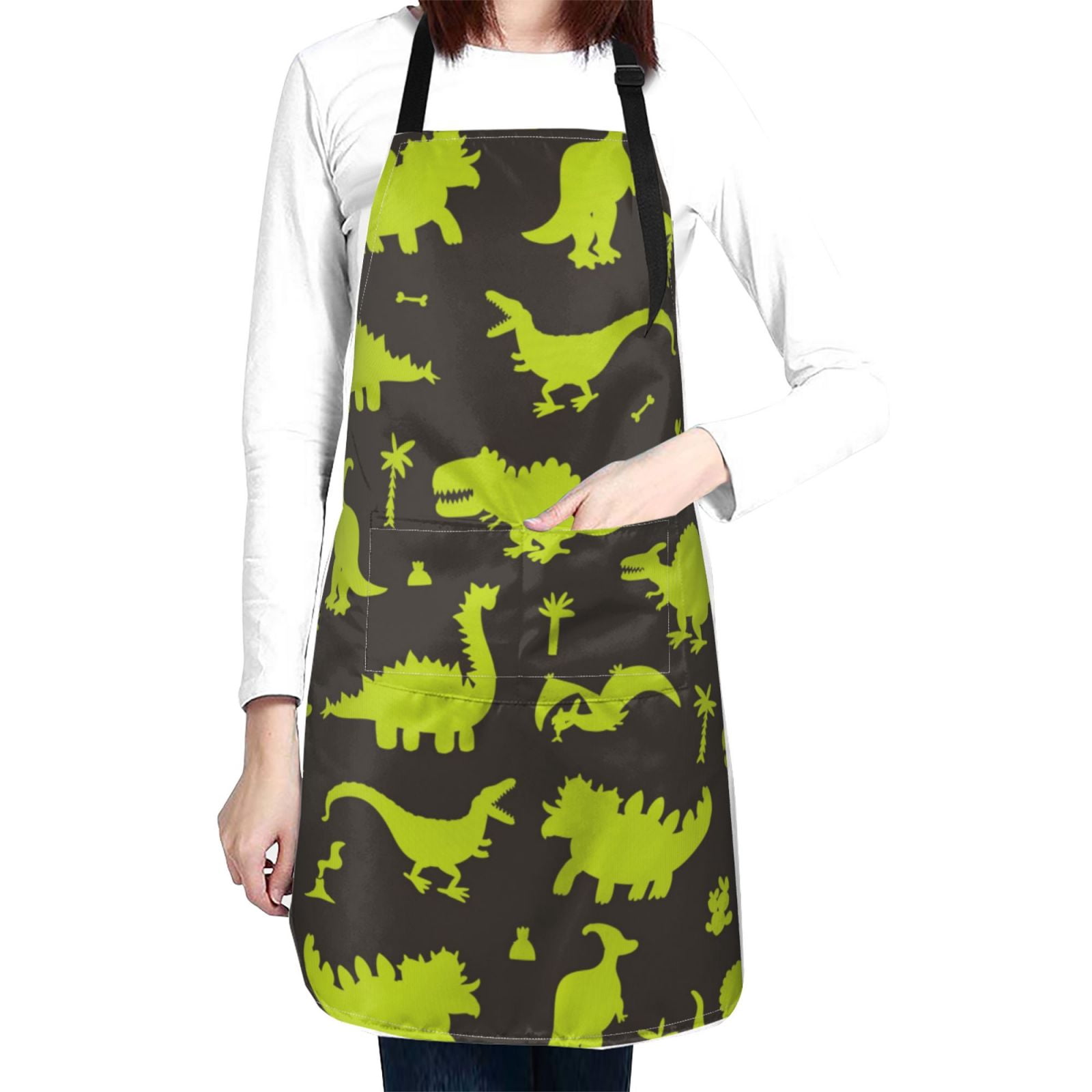 Kdxio Cute Cartoon Dinosaurs Green Silhouette Pattern Apron with Pockets Adjustable Kitchen Aprons for Men Women Waterproof Aprons for Cooking,Drawing,Crafting, Baking Household Cleaning