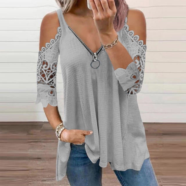Fiudx Ropa de Mujer Mujer Casual Tallas Grandesencaje Media Mangav-Cuello Cremallera Ahueca Hacia Fuera Camiseta Blusa Tops