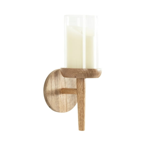 Kate and Laurel Shae Transitional Wooden Wall Sconce, 5 x 5 x 13, Natural Wood, Rustic Candle Holder with Removable Glass Cylinder for Flameless Pillar Candles