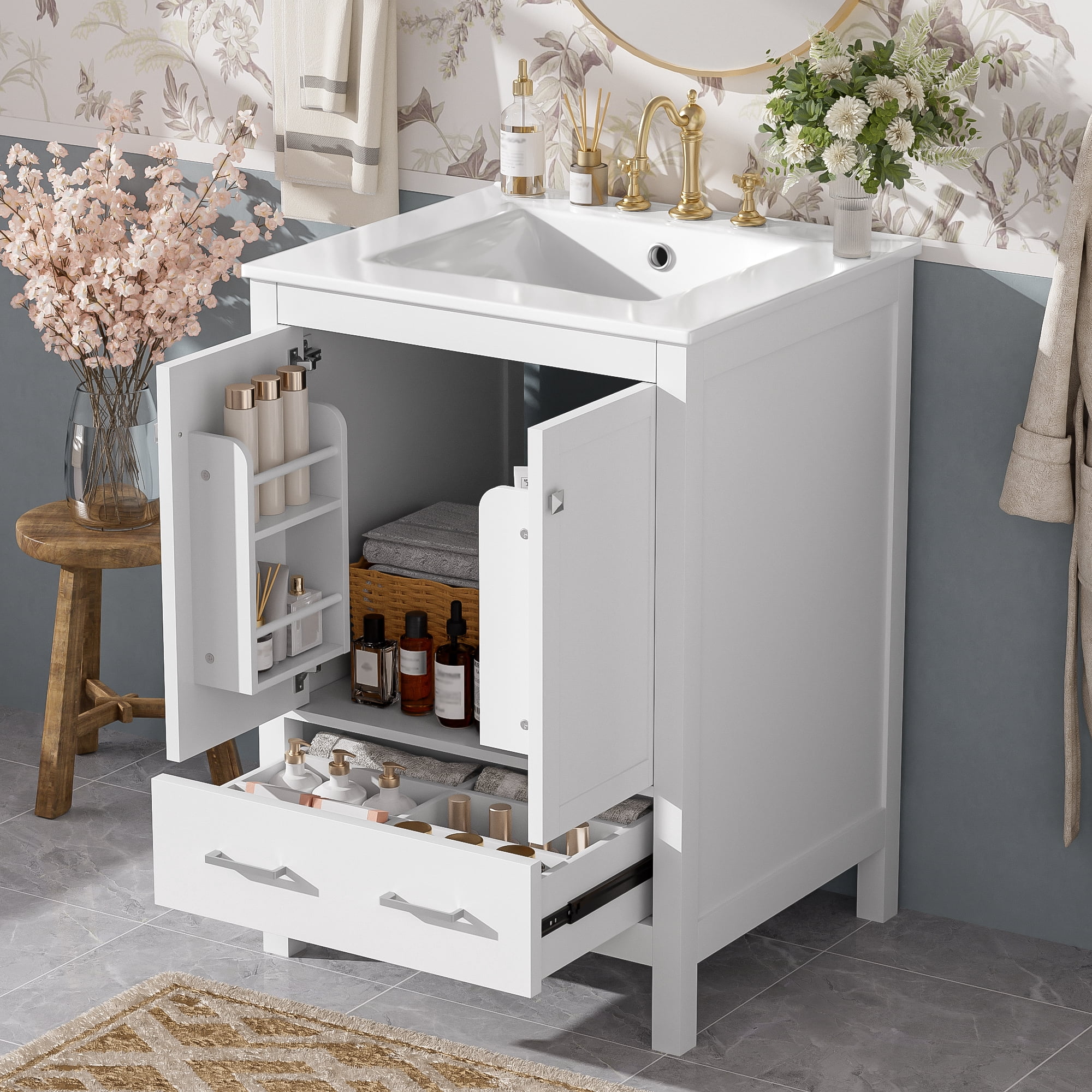 MAYEERTY 24" Bathroom Vanity - Undermount Basin, 2-Door 1-Drawer Cabinet, Double-Layer Door Shelf