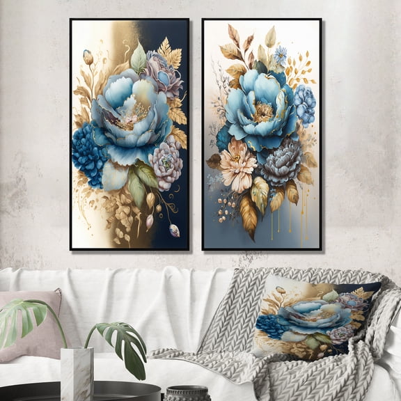 Designart "Mixed Floral Bouquet in Blue and Gold (Version I) IX" Bouquet Framed Wall Art Set Of 2 - Blue Floral Frame Gallery Set For Office Decor