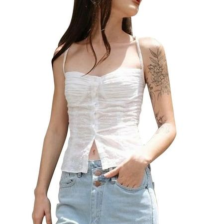 

CLZOUD Womens Summer Tanks Camis White Women S Collar Button Crochet Flower Hollow Outside Wear Women S Camisole L