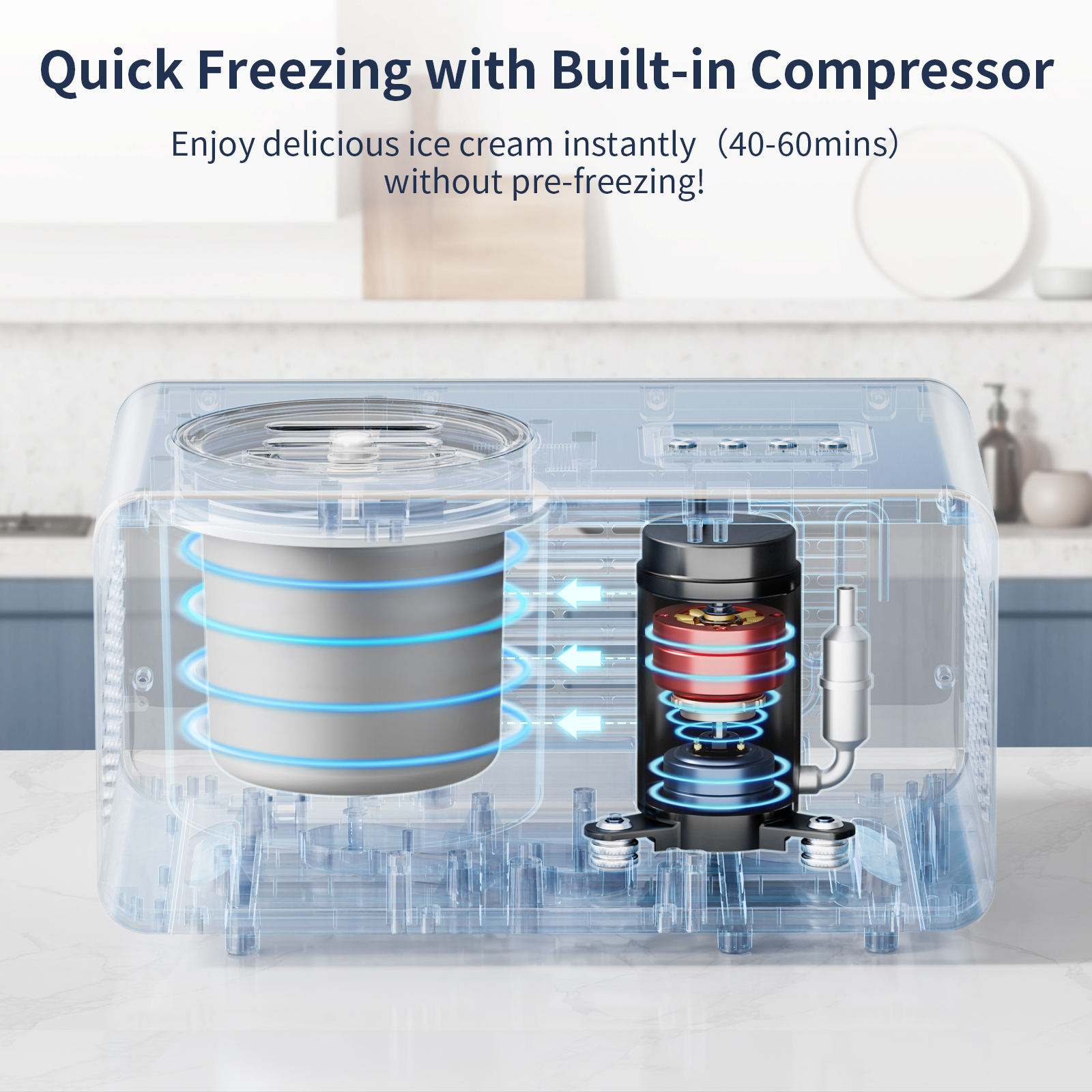 AIRMSEN 2.1 Qt Ice Cream Maker, No Pre-Freezing Electric Ice Cream Machine with Compressor and LCD Timer for Gelato, Frozen Yogurt, Sorbet, White